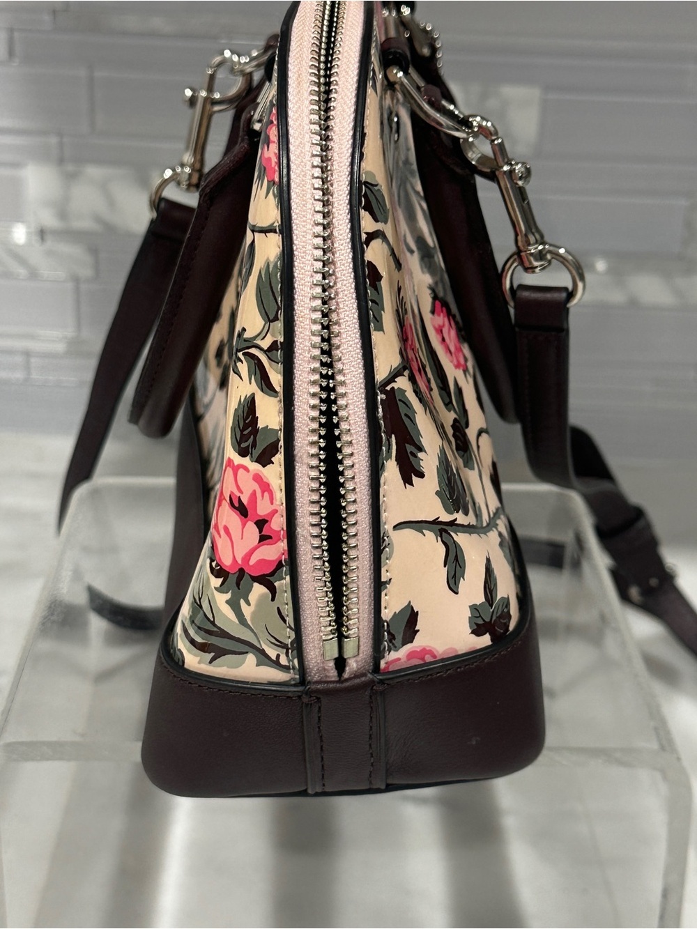 Coach Cream Floral Dome Satchel with Pink Roses and Brown Trim Patent & Leather - Picture 12 of 16